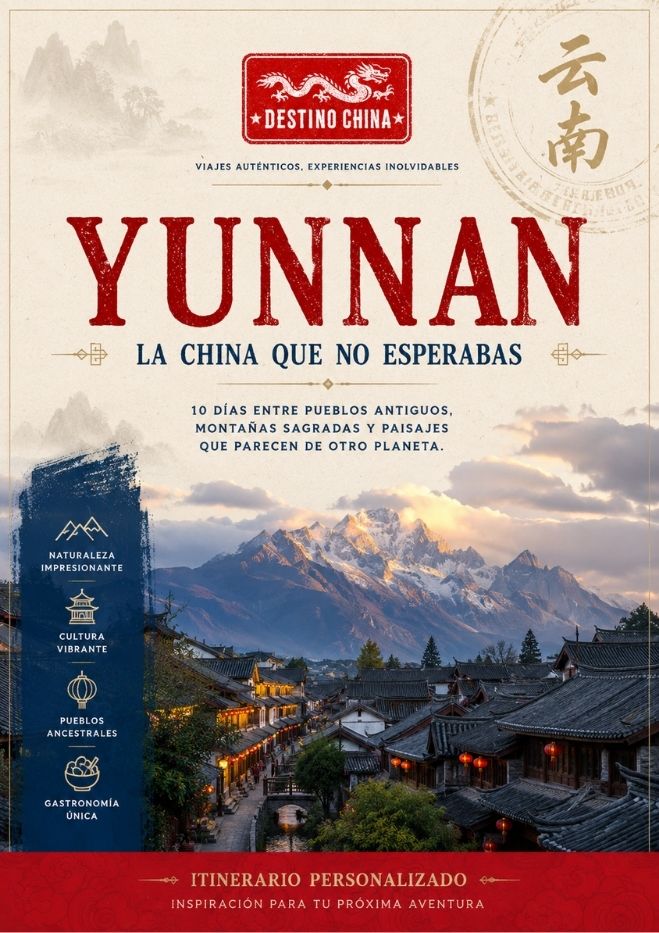 Itinerario de la ciudad Yunnuan, china con una imagen de montaña de fondo